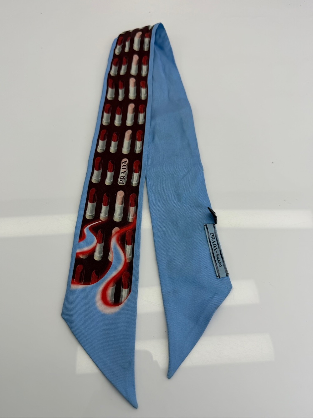Prada Blue Lipstick Silk Scarf Tie Red Twilly